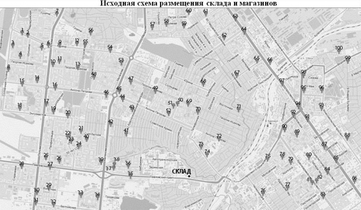 Исходная схема размещения склада и магазинов